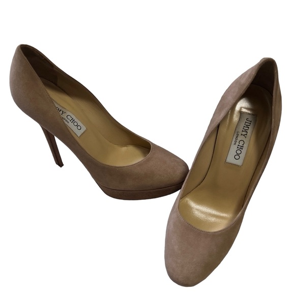 Jimmy Choo suede neutral pumps heels platform 37 US 7 beige tan - Picture 4 of 14